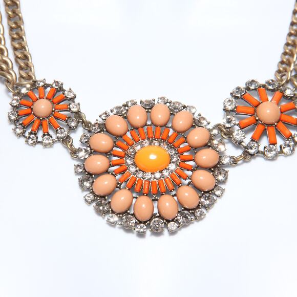 Vintage J.Crew Chunky Statement Necklace Coral Orange Rhinestone - Picture 2 of 6